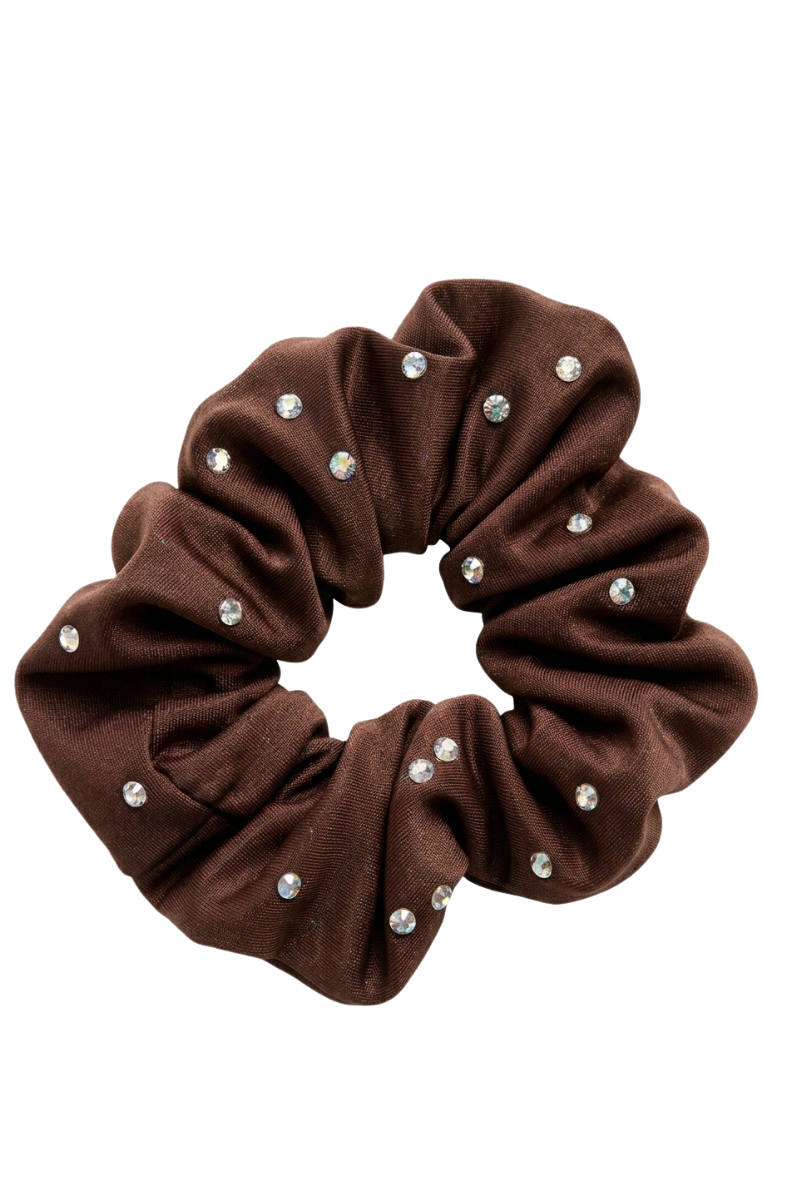 Chouchou en lycra aspect mouillé marron avec strass
