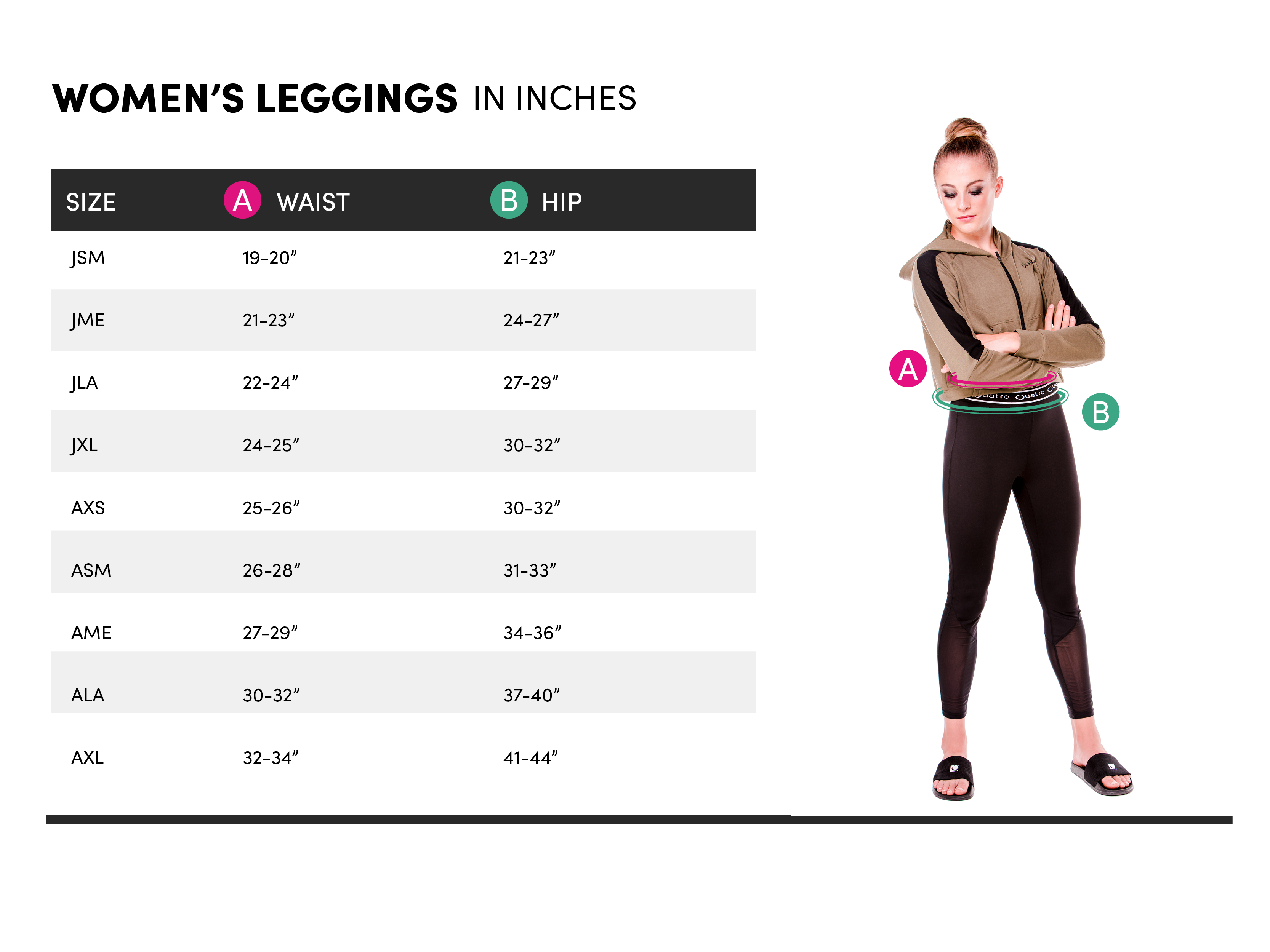 Womens leggings size guide — Quatro Gymnastics Europe